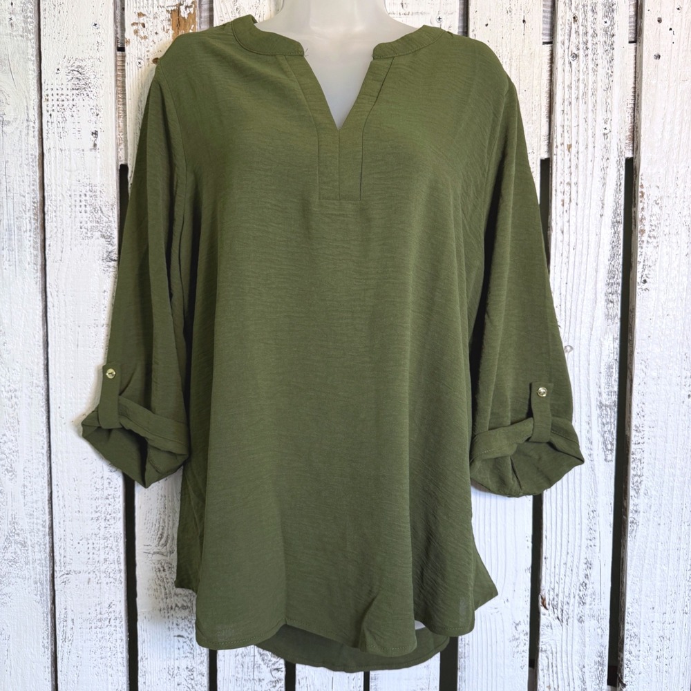 Suenos Y Deseos Olive Green Roll Tab 3/4 Sleeve Tunic Top Plus 2X Office Career